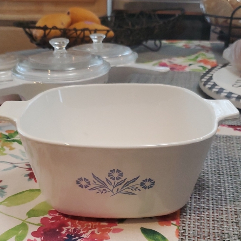 Corningware White Baking Dish with Blue Floral Design
